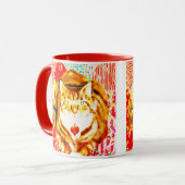 Tiger Yellow Cat Red Whimsical Background Mug マグカップ (正面左)