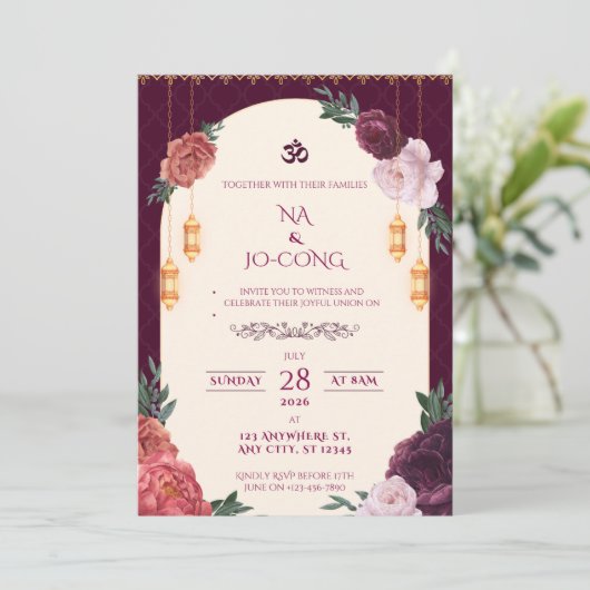 TigerNa Crimson Floral Wedding Invitation 招待状 (スタンド正面)