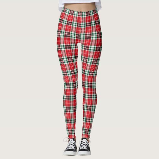 Tight Weave Christmas Red Green Plaid レギンス (正面)