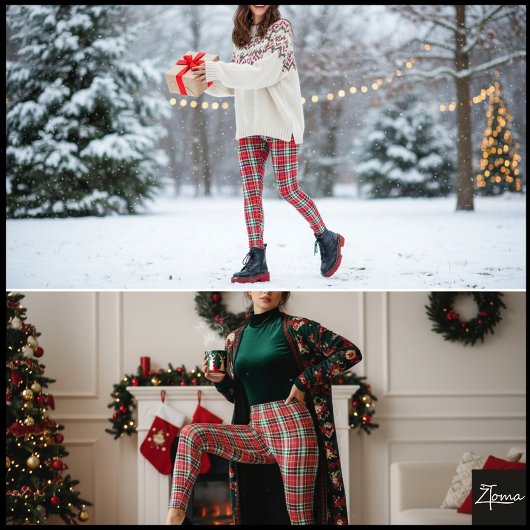 Tight Weave Christmas Red Green Plaid レギンス