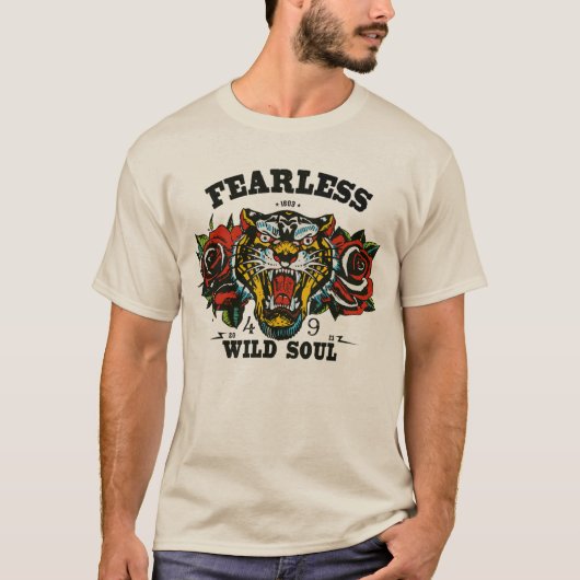 Tigre tattoo old school fleur fearless wild soul tシャツ (正面)