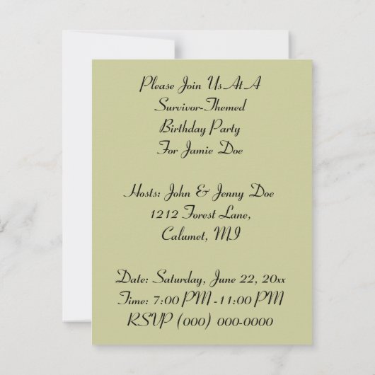 TIKIのルアウ（ハワイ式宴会）の生存者のテーマの誕生会の招待 招待状 (裏面)