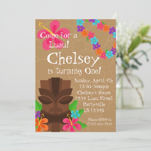 Tikiの人および花のレイのルアウ(ハワイ式宴会)の誕生会 招待状 (スタンド正面)