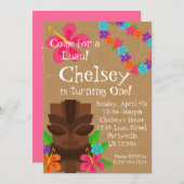 Tikiの人および花のレイのルアウ(ハワイ式宴会)の誕生会 招待状 (正面/裏面)