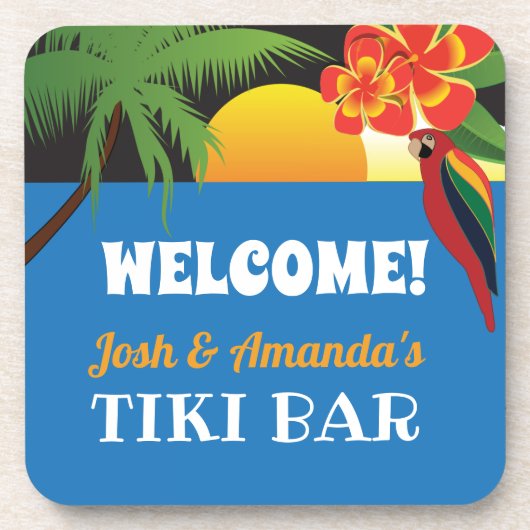 Tikiバーへようこそ名前と熱帯デザイン コースター (正面)