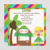 Tiki小屋のルアウ(ハワイ式宴会)の正方形の誕生日の招待状 招待状 (正面/裏面)