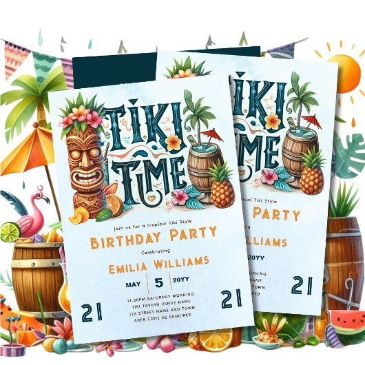 TIKI誕生日熱帯ルアウ（ハワイ式宴会）ハワイアンパーティー 招待状