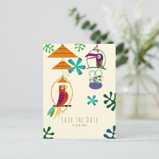 Tiki鳥のパーティーヴィンテージレトロルアウ（ハワイ式宴会）保存日付 案内ポストカード (スタンド正面)