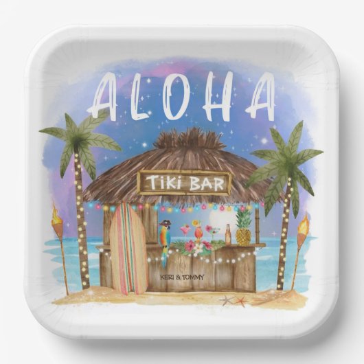 Tiki Beach Bar Tropical Aloha Surf & Sea ペーパープレート (正面)