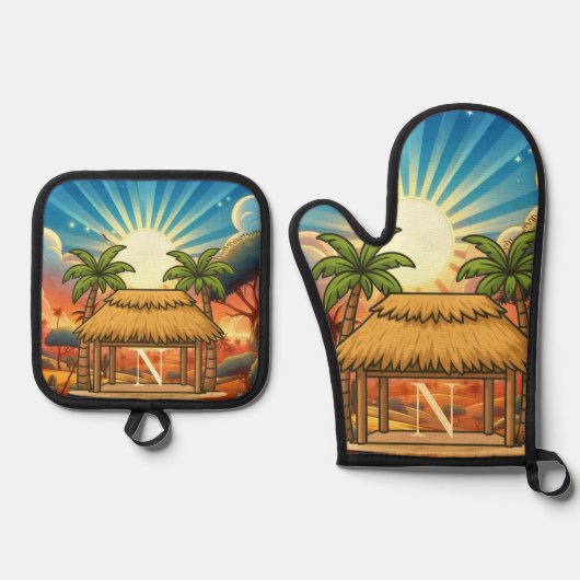 Tiki Hut Sunrise Monogram Personalized  鍋つかみ&鍋敷きセット (正面)