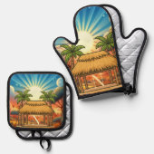 Tiki Hut Sunrise Monogram Personalized  鍋つかみ&鍋敷きセット (正面/裏面)
