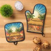 Tiki Hut Sunrise Monogram Personalized  鍋つかみ&鍋敷きセット (トップダウン)