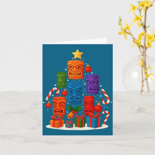 Tiki Mask Luau Christmas Tree Hawaiian Xmas Hat Ha カード (黄色い花)
