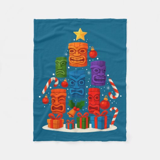 Tiki Mask Luau Christmas Tree Hawaiian Xmas Hat Ha フリースブランケット (正面)