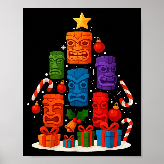 Tiki Mask Luau Christmas Tree Hawaiian Xmas Hat Ha ポスター (正面)