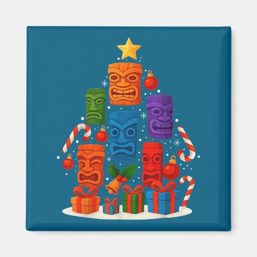 Tiki Mask Luau Christmas Tree Hawaiian Xmas Hat Ha マグネット (正面)