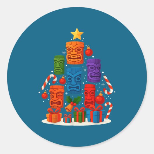 Tiki Mask Luau Christmas Tree Hawaiian Xmas Hat Ha ラウンドシール (正面)