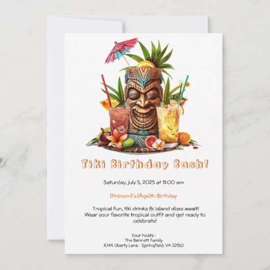 Tiki Party Birthday Invitation – Tropical Luau  招待状 (正面)