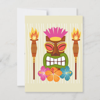 Tiki Statue, Torches and Hibiscus Flower  ポストカード