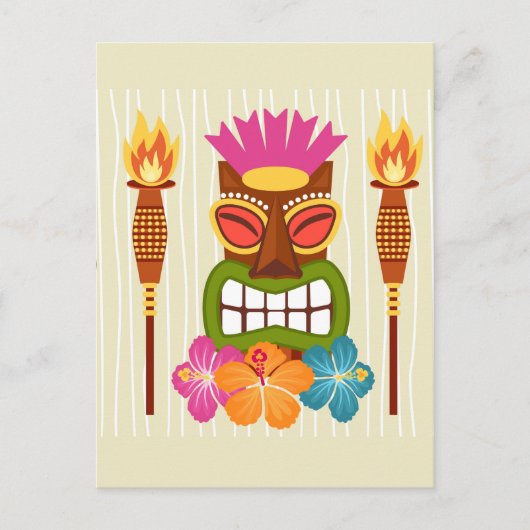 Tiki Statue, Torches and Hibiscus Flower  ポストカード (正面)