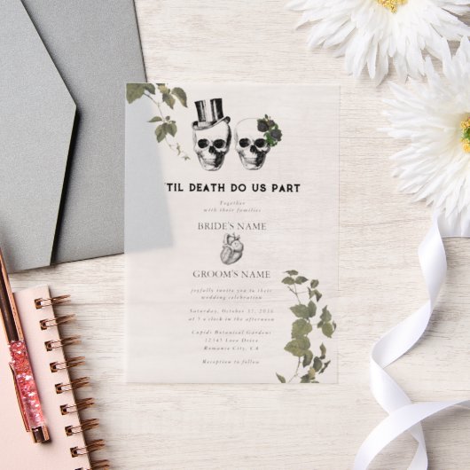 Til Deathゴシックハートフローラ結婚スカル ベラム紙招待状 (ウェディング)