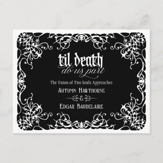 Til Death 黒と白のゴシック ウェディング セーブ・ザ・デート ポストカード (正面)