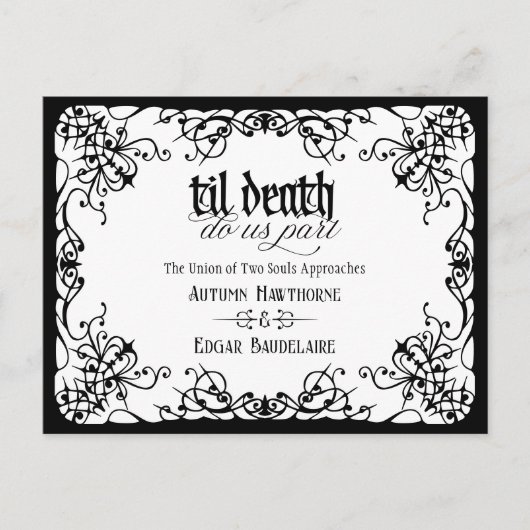 Til Death 黒と白のゴシック ウェディング セーブ・ザ・デート ポストカード (正面)
