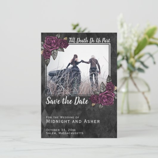 Til Death Do Us Part Gothic Save the Dateバラ 招待状 (スタンド正面)
