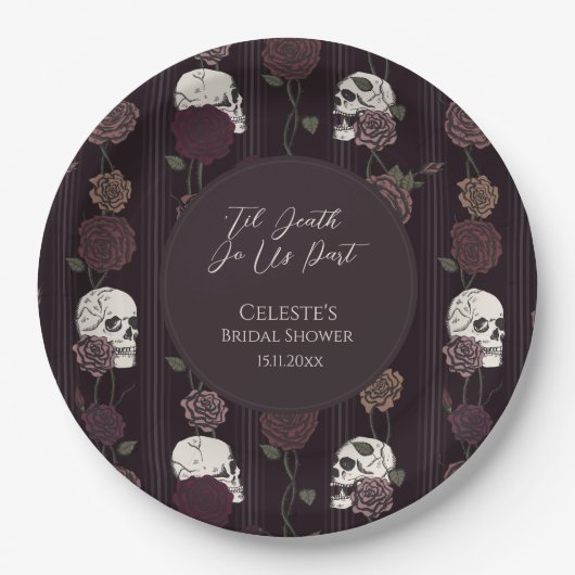 ’Til Death Do Us Part Gothic Skull & Rose Wedding ペーパープレート (正面)