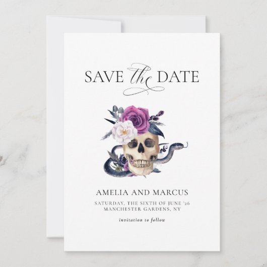 'Til Death Do Us Part Purple & Black Save the Date 招待状 (正面)