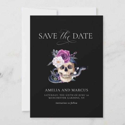 'Til Death Do Us Part Purple & Black Save the Date 招待状 (正面)