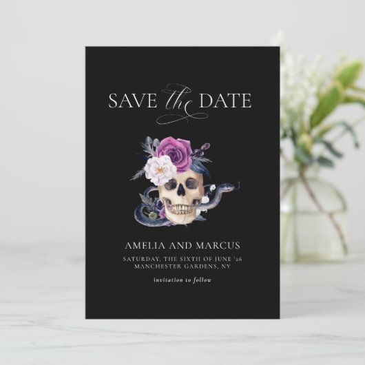 'Til Death Do Us Part Purple & Black Save the Date 招待状 (スタンド正面)