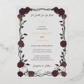 Til Death Gothic Burgundy Roses Light Gray Wedding 箔招待状 (正面)