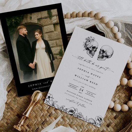 Til Death Gothic Skull Photo Black Floral Wedding 招待状