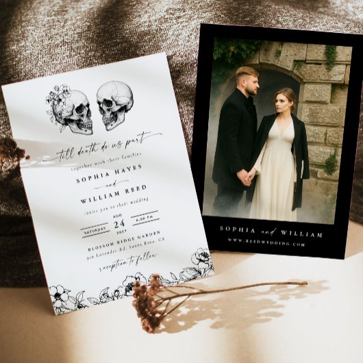 Til Death Gothic Skull Photo Black Floral Wedding 招待状