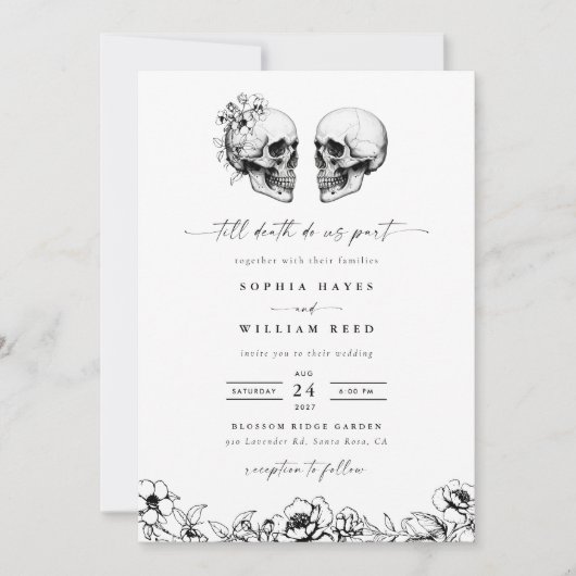 Til Death Gothic Skull Photo Black Floral Wedding 招待状 (正面)