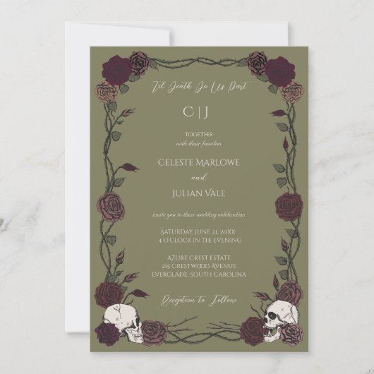Til Death Olive Green Gothic Rose Wedding 招待状 (正面)