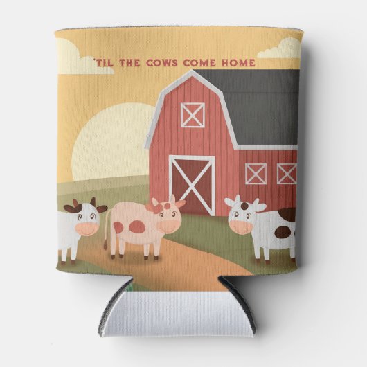 Til the Cows Come Home Three Cows Red Barn Sunset 缶クーラー (正面)