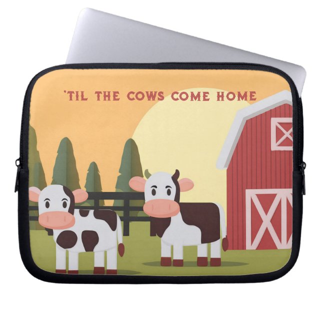 Til the Cows Come Home Two Cows Red Barn Sunrise ラップトップスリーブ (正面)