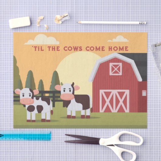 Til the Cows Come Home Two Cows Red Barn Sunrise 薄葉紙 (クラフト)