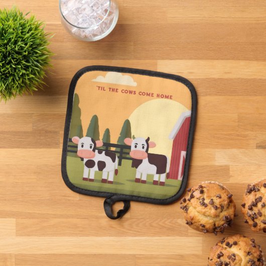 Til the Cows Come Home Two Cows Red Barn Sunrise 鍋敷き (トップダウン)