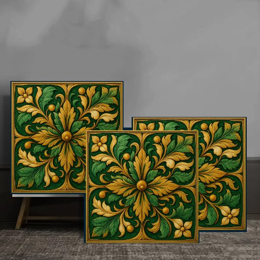 Tile de ornamento floral oriental - Verde  タイル
