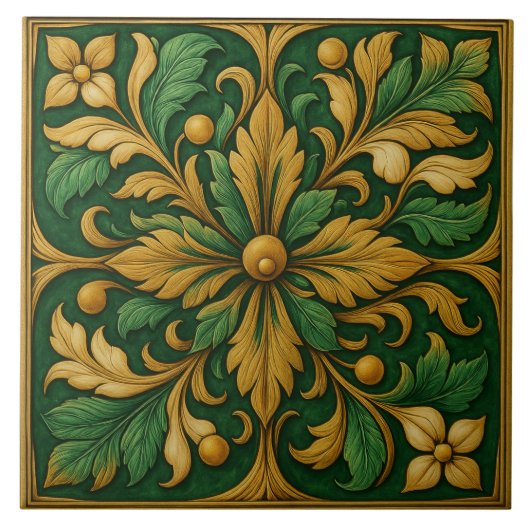 Tile de ornamento floral oriental - Verde  タイル (正面)