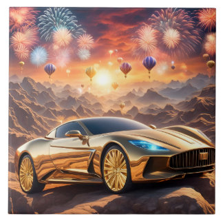 tile with a golden luxury car in desert landscape タイル