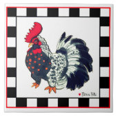 Tile with rooster art black white checks タイル (正面)