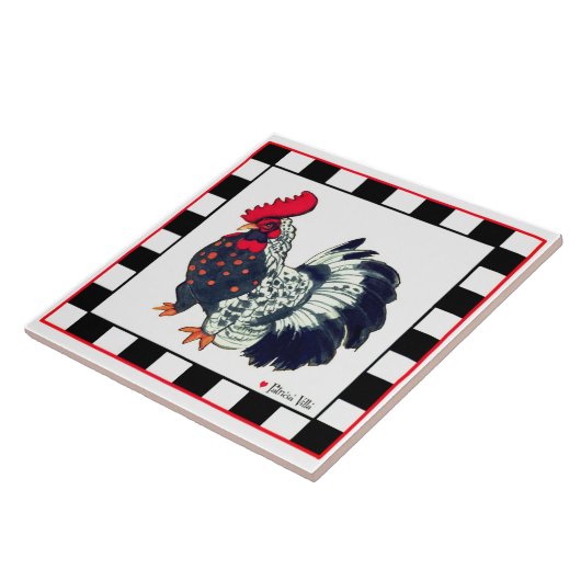 Tile with rooster art black white checks タイル (側面)