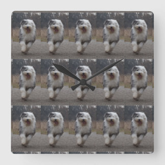 Tiled Old English Sheepdog Clock - Run Dog! スクエア壁時計