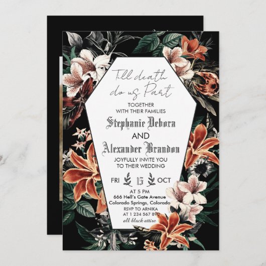 Till Deathフローラ写真ハロウィーン結婚ゴシック 招待状 (正面/裏面)