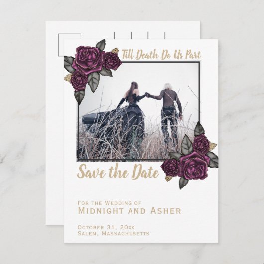 Till Death Do Us Part Gothicバラ日付を保存 案内ポストカード (正面/裏面)