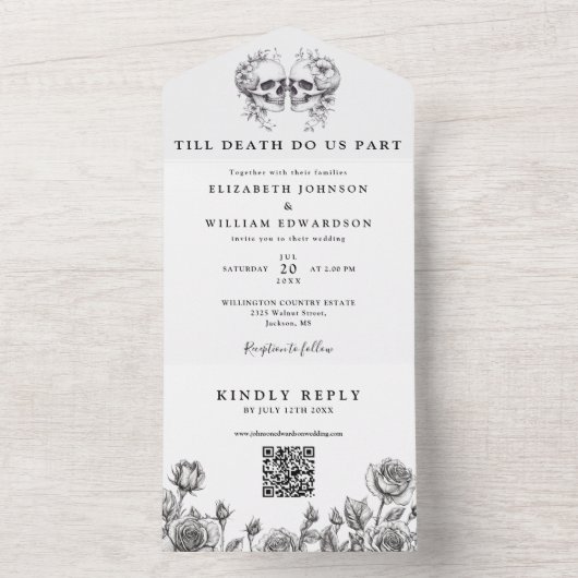 Till Death Floral Skulls QR Code Gothic Wedding オールインワン招待状 (内側)